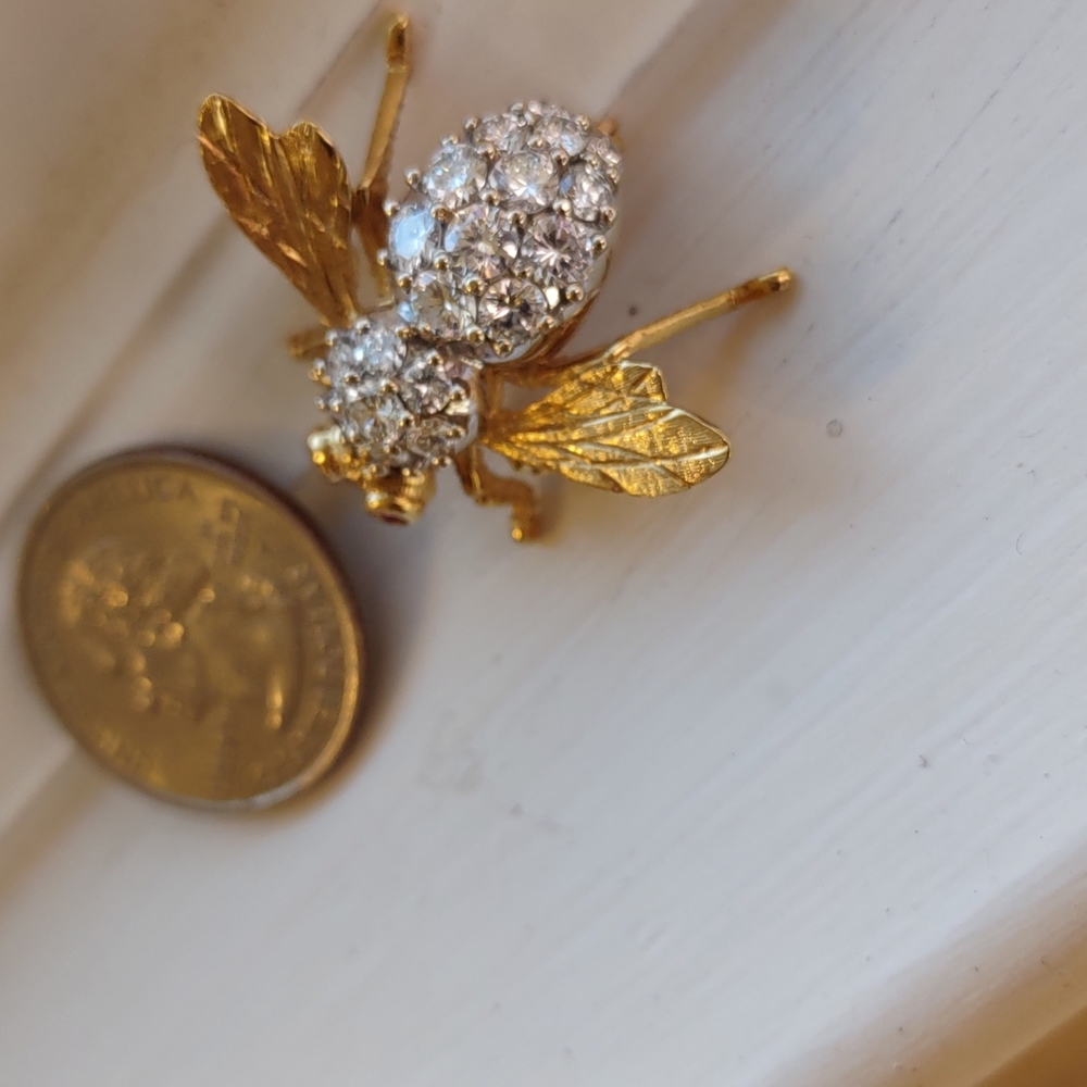 Diamond Bee pin brooch Ruby eyes, 18k yellow gold, Herbert Rosenthal Natural - Picture 6 of 15